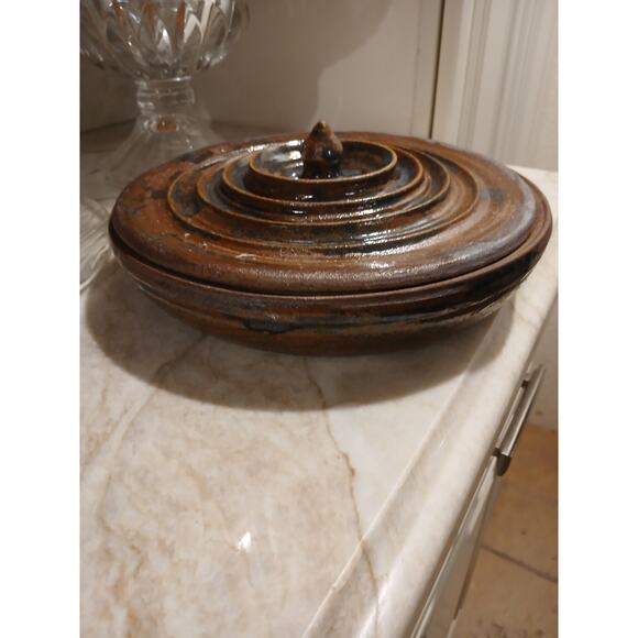Pottery Serving Platter w Lid Exotic Party Holiday Rustic Cottagecore Farm Artsy